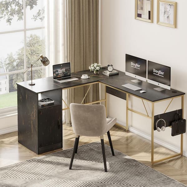 Bestier 60 in. L shaped Black Wood Desk with Cabinet and Hooks