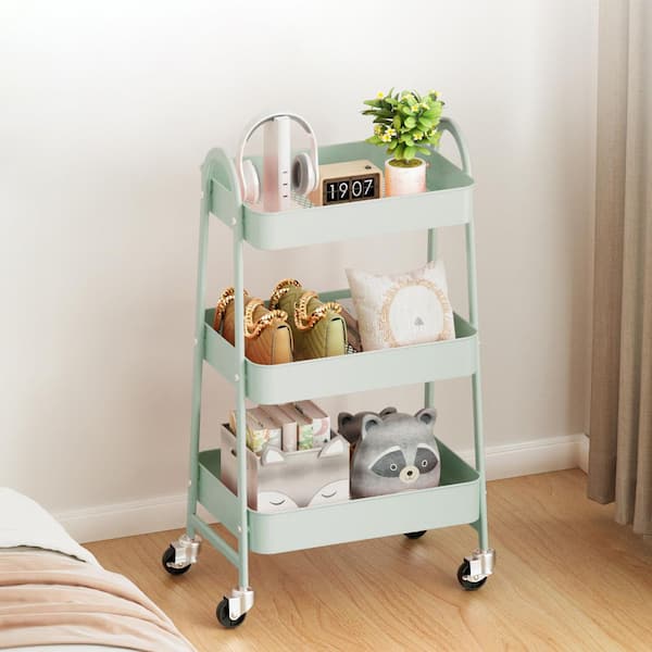 3-Tier Green Metal Rolling Cart, Utility Storage Organizer Kitchen Trolley for Bathroom, Laundry Room, Office