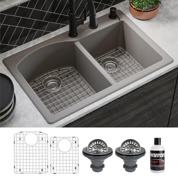 Karran QT-610 Quartz/Granite 33 in. Double Bowl 60/40 Top Mount Drop-In Kitchen Sink in Concrete with Bottom Grid and Strainer