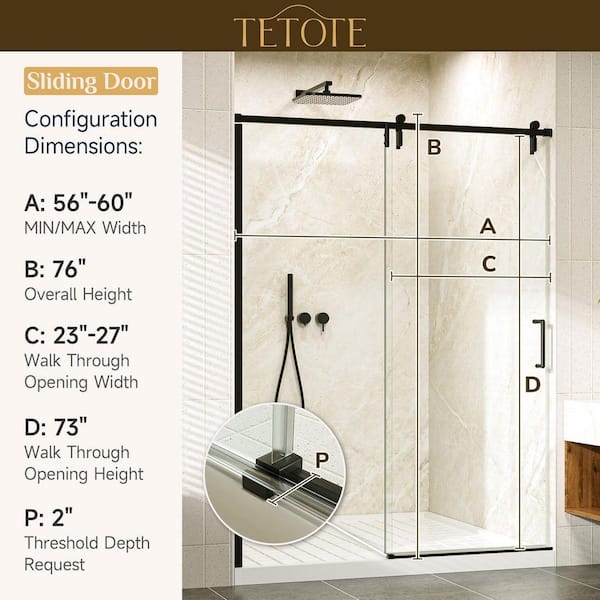 TETOTE 60 in. x 76 in. H Frameless Sliding Shower Door in Black in