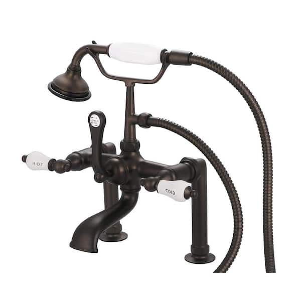 Water Creation 3-Handle Claw Foot Tub Faucet with Labeled Porcelain Lever Handles and Handshower in Oil Rubbed Bronze