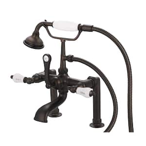 3-Handle Claw Foot Tub Faucet with Labeled Porcelain Lever Handles and Handshower in Oil Rubbed Bronze