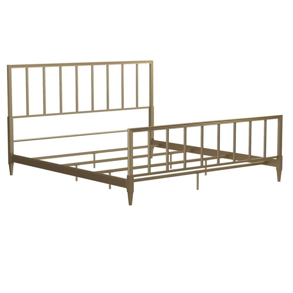 Blair King Size Golden Brass Metal Bed with Engraved Headboard