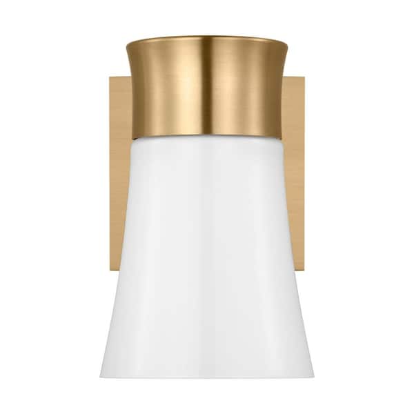 SCOTT LIVING Roy 4.5 in. 1-Light Satin Brass Small Vanity Light with Milk Glass Shade