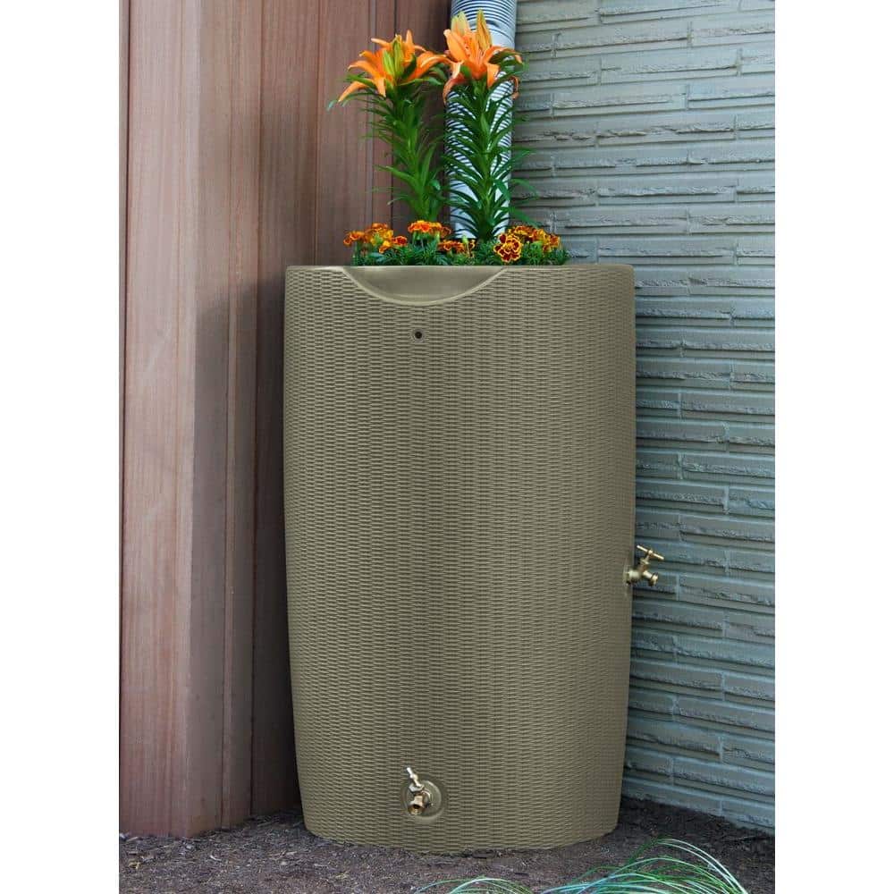 Dark Brown Wicker 50 Gallon Planter Rain Barrel
