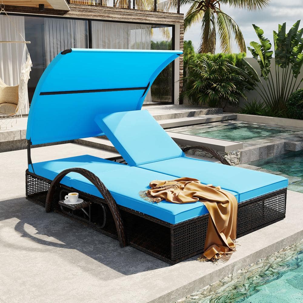 Outdoor Wicker Double Sunbed with Adjustable Backrest, Hidden Side Table & Blue Cushions for Garden & Backyard price history on PriceWatchPro