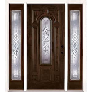 67.5 in. x 81.625 in. Lakewood Zinc Stained Chestnut Mahogany Left-Hand Fiberglass Prehung Front Door with Sidelites