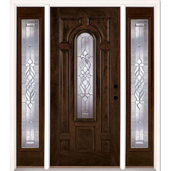 Feather River Doors 67.5 in. x 81.625 in. Lakewood Zinc Stained Chestnut Mahogany Left-Hand Fiberglass Prehung Front Door with Sidelites