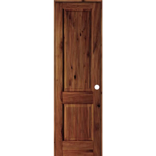 Krosswood Doors 28 in. x 96 in. Knotty Alder 2 Panel Left-Hand Square Top V-Groove Red Chestnut Stain Wood Single Prehung Interior Door
