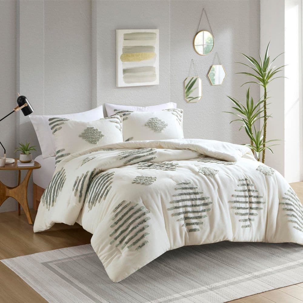 Ivory and Green Cotton Blend Chenille Full Comforter Set