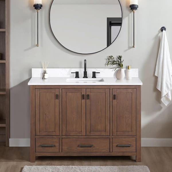 Modero 49 in. Single Sink Mocha Oak Bath Vanity with Cala White Engineered Stone Top