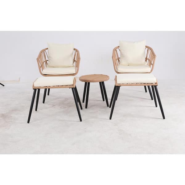 Runesay Brown 5-Piece Wicker Outdoor Bistro Set with Wooden Table and Beige Cushion