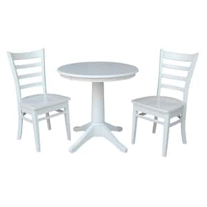 3-Piece Set Olivia White Solid Wood 30 in Round Pedestal Dining Table and 2 Emily Side Chairs