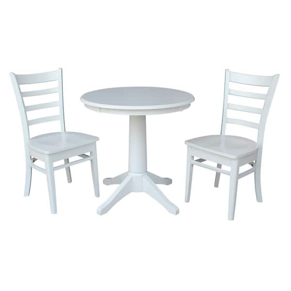 International Concepts 3-Piece Set Olivia White Solid Wood 30 in Round Pedestal Dining Table and 2 Emily Side Chairs