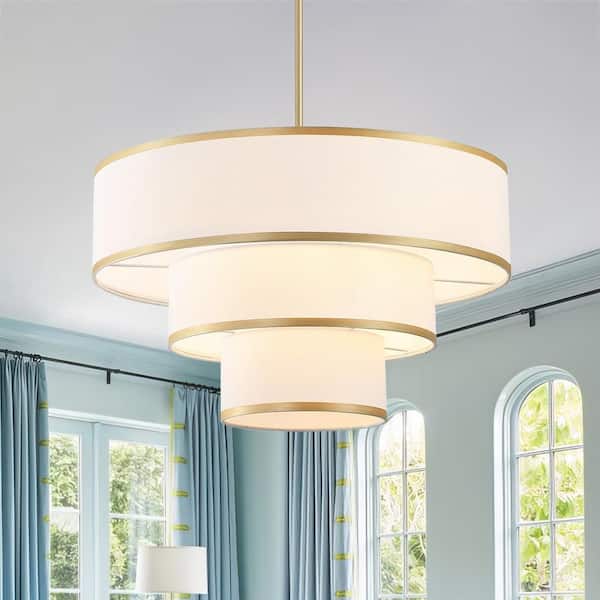 24 in. 5-Light Gold Tiered Drum Chandelier with White Farbic Shade