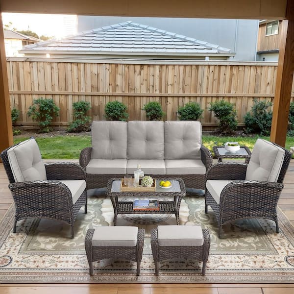 Brown 7-Piece Wicker Patio Conversation Set with Armchairs, Outdoor Sofa Seating Set with Olefin Beige Cushions