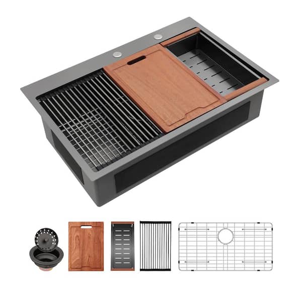 Sarlai 33 in. Topmount Single Bowl 16-Gauge Gunmetal Black Stainless Steel Embossing Workstation Kitchen Sink with Strainer