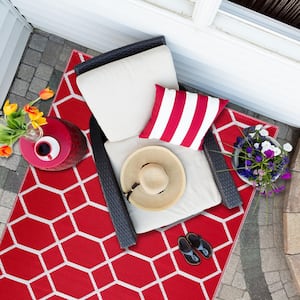 Miami Design 8 ft. x 10 ft. Size Red & White Geometric Pattern Reversible Eco-Friendly Plastic Indoor/Outdoor Area Rug