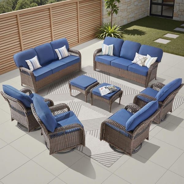 8-Piece Wicker Patio Conversation Set, Outdoor Swivel Chairs, Footstools and Sofa with Blue Cushions