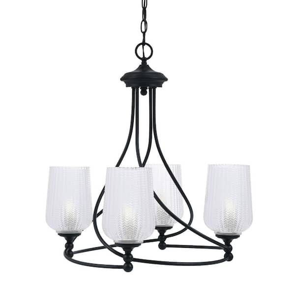 Unbranded Royale 4-Light Matte Black Chandelier, Round Chandelier with 5 in. Clear Textured Glass Shades, No bulbs included