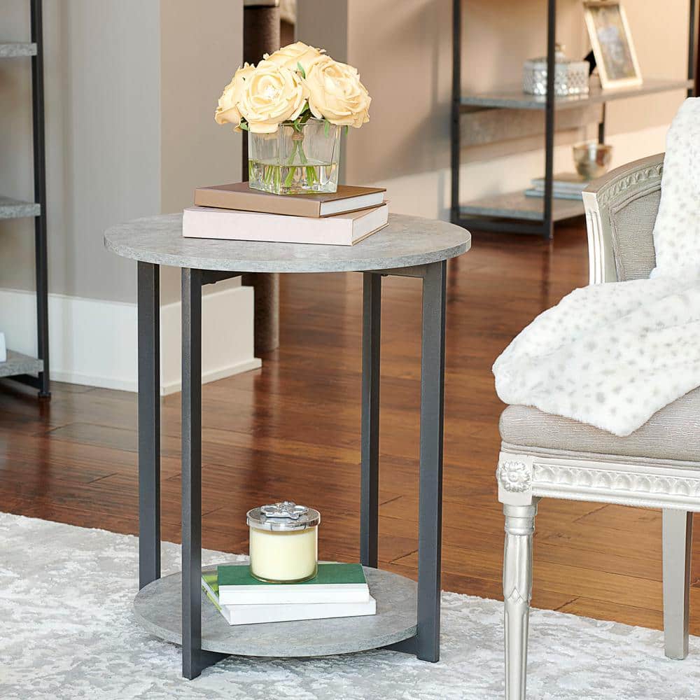 Greystone Faux Concrete & Black Metal Round 2-Tier End Table
