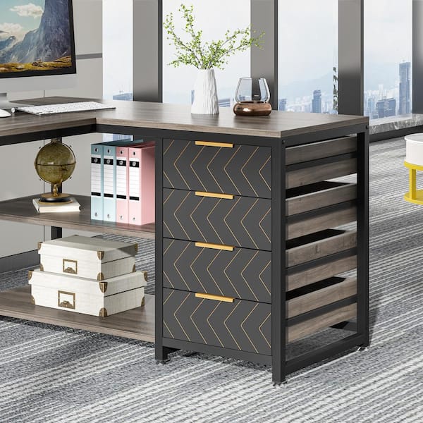 BYBLIGHT Lanita 59 in. L Shaped Gray Wood 4-drawer Computer Desk