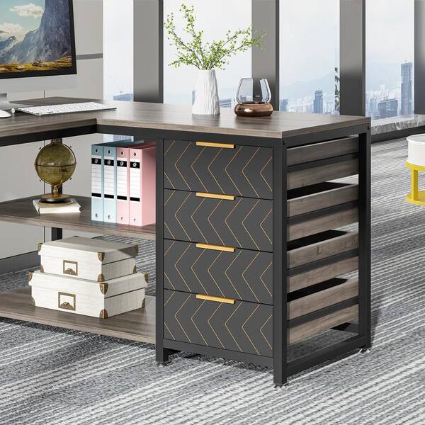 BYBLIGHT Lanita 59 in. L Shaped Gray Wood 4-drawer Computer Desk
