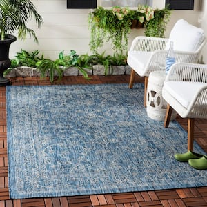 Courtyard Navy/Ivory 3 ft. x 5 ft. Border Floral Scroll Indoor/Outdoor Area Rug