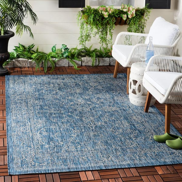 Courtyard Navy/Ivory Doormat 3 ft. x 5 ft. Border Floral Scroll Indoor/Outdoor Area Rug