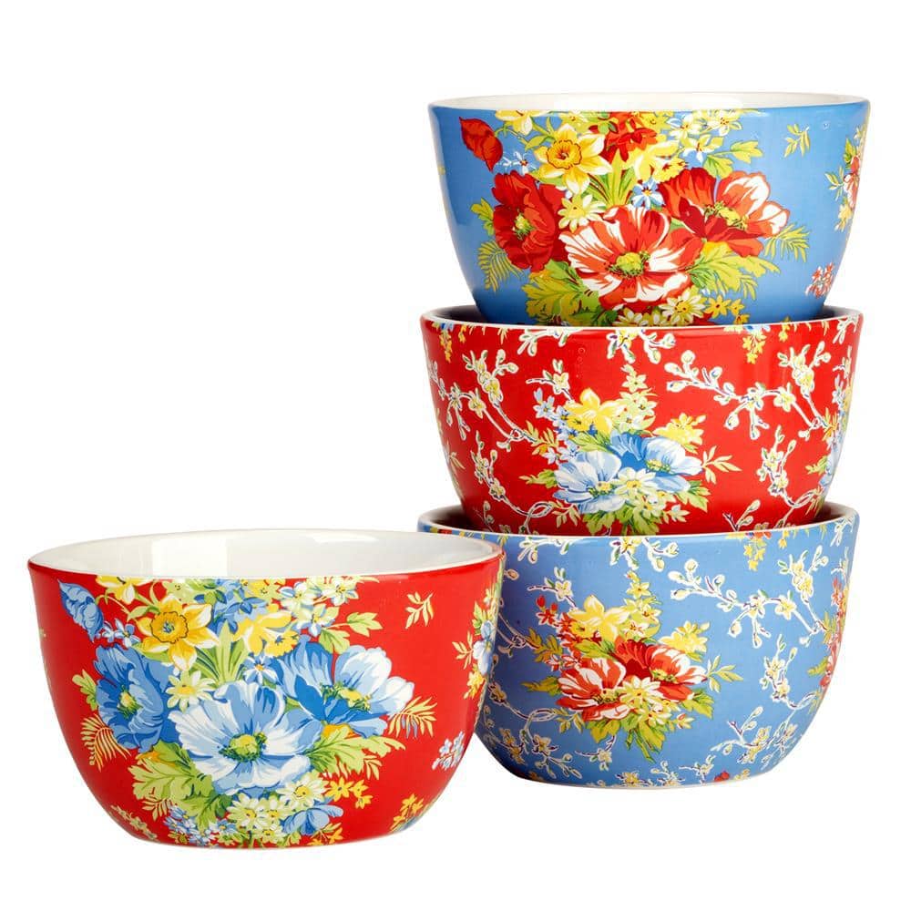 Blossom Blue and Red Floral Ceramic Dessert Bowls Set of 4