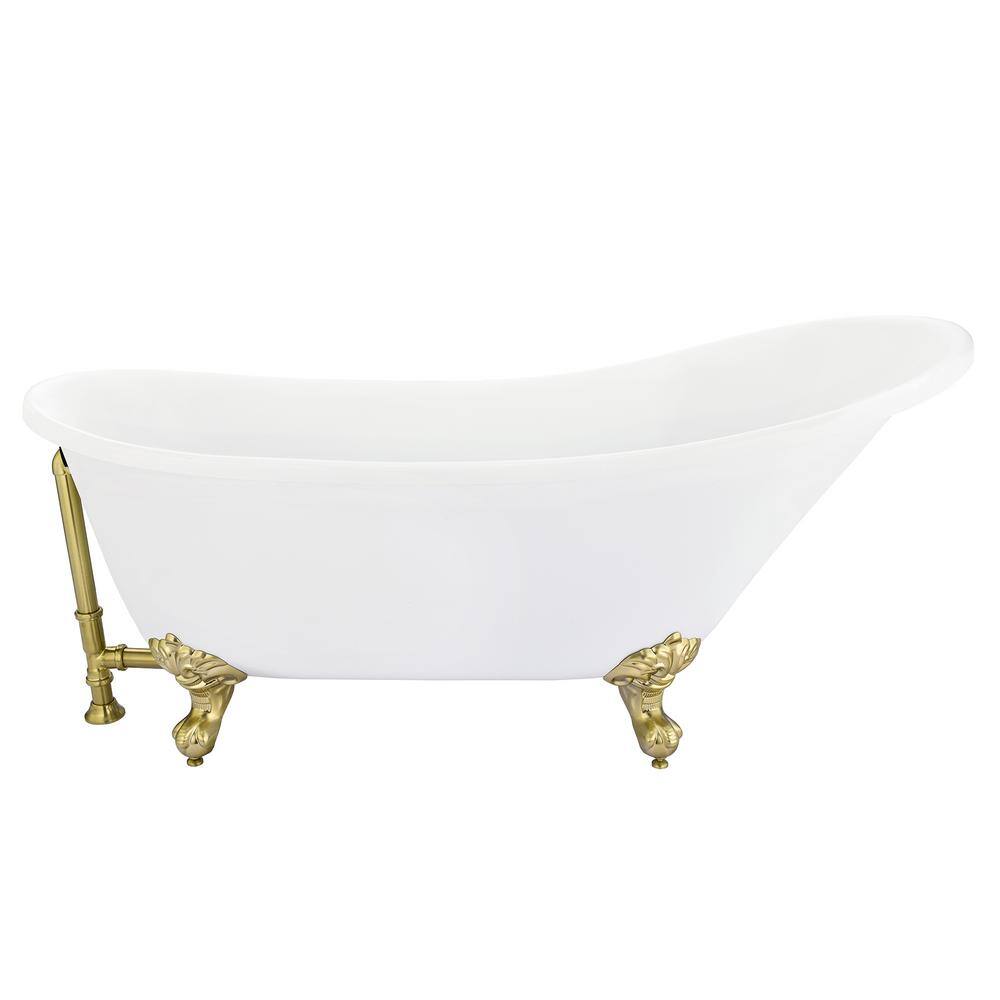 Fandi 64" White Acrylic Clawfoot Soaking Bathtub with Brass Feet