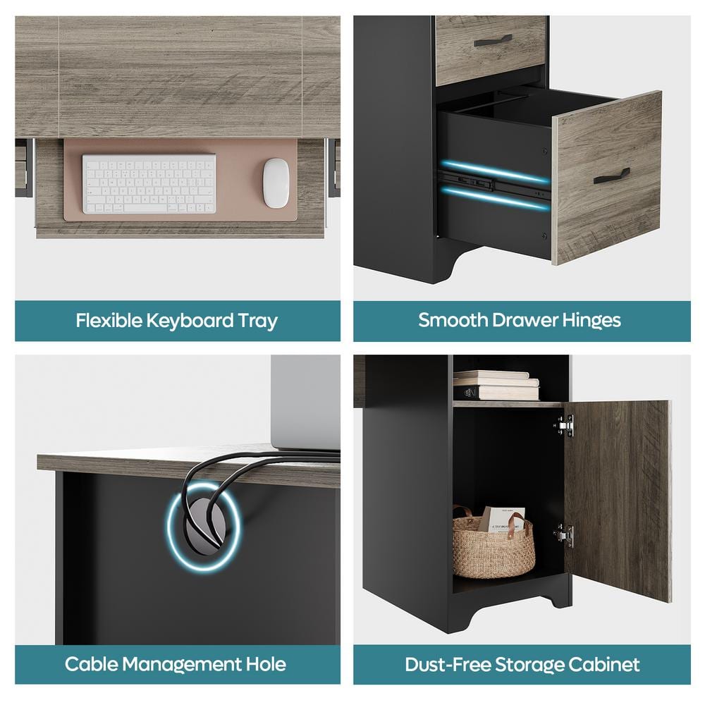Gray Executive Desk with Storage Cabinet and Keyboard Tray