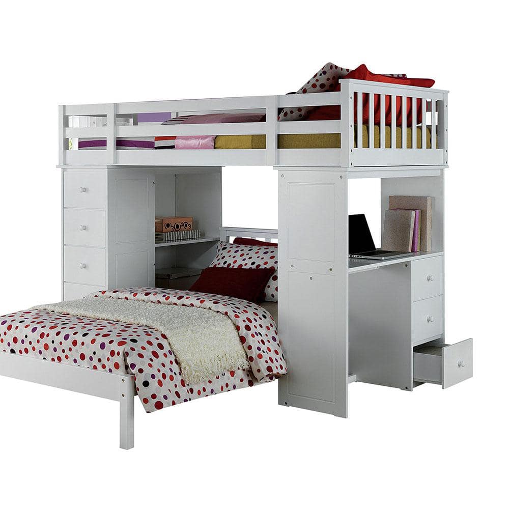 White Twin Loft Bed with Bookcase and Storage Drawers