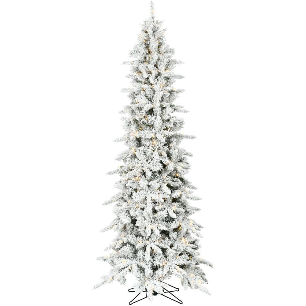 6.5 ft. Pre-Lit Flocked Slim Mountain Pine Artificial Christmas Tree with W