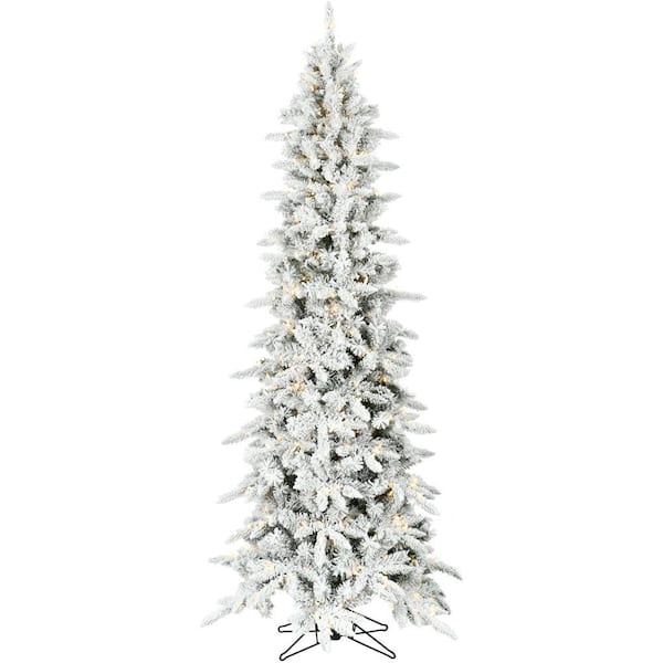 Fraser Hill Farm 9 ft. Pre-Lit Flocked Slim Mountain Pine Artificial Christmas Tree with Warm White LED Lights