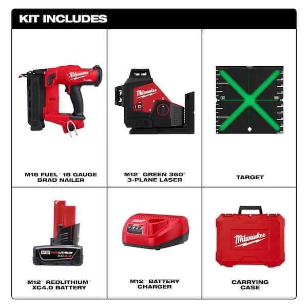 Milwaukee M18 FUEL 18GA BRAD NAILER W/M12 Lithium-Ion Cordless Green 250 ft. 3Plane Laser Level Kt w/4.0 Ah Battery, Charger, Case