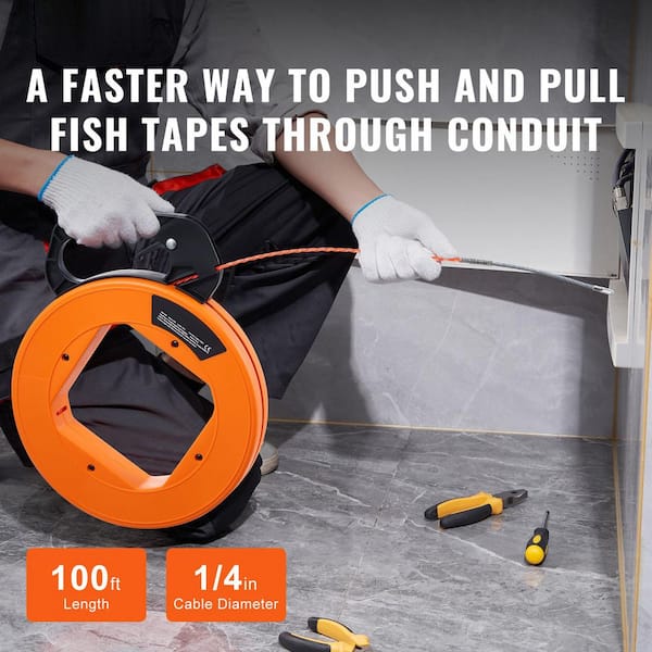 Fish Tape, 100 ft. 1/4 in. PET Wire Puller, Optimized Housing and Handle, Non-Conductive, Flexible Cable Puller Tool