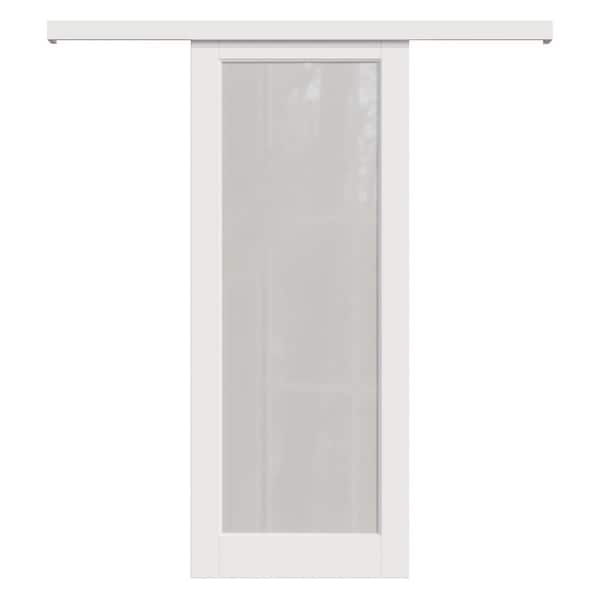 30 in. x 96 in. Hidden Track Style 1 Lite Frosted Glass White Primed MDF Sliding Barn Door with Hardware Kit