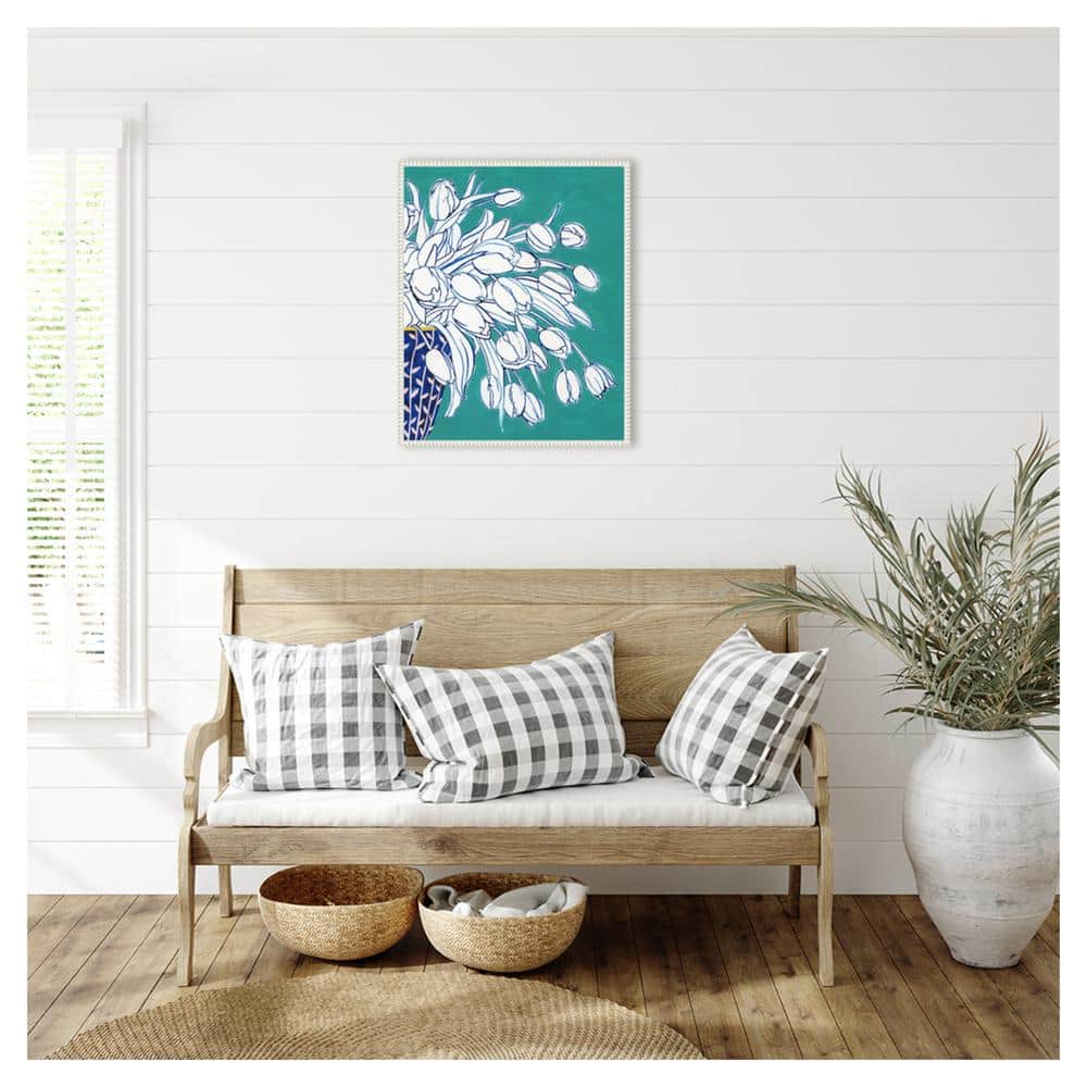 Turquoise Tulip Bouquet II White Framed Canvas Wall Art