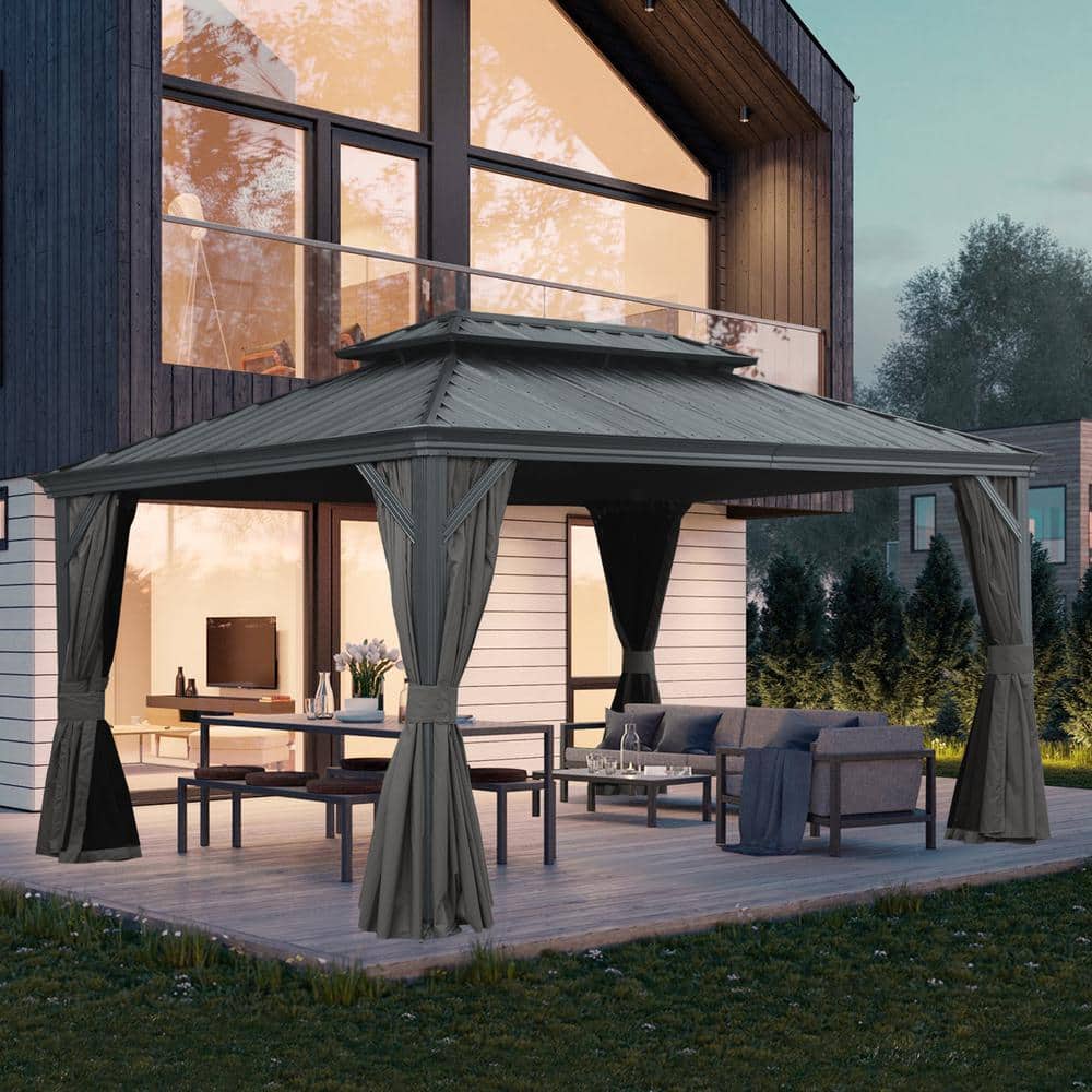 Gray Aluminum Hardtop Gazebo with Curtains and Netting, 12' x 16'