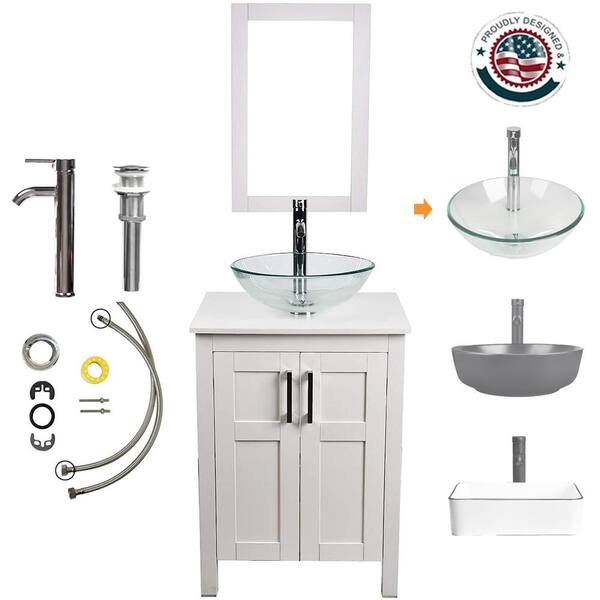 TOOLKISS 24 in. W x 19 in. D x 32.3 in. H Single Sink Bath Vanity in White with Top and Mirror