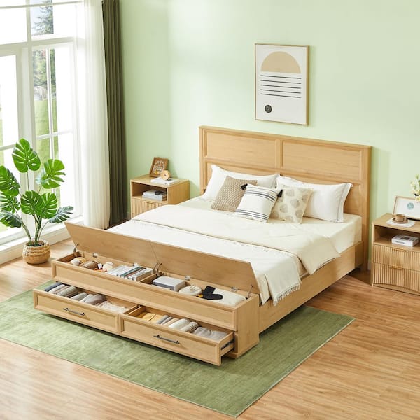 Keaton Oak Brown Wooden Frame King Size Platform Bed with Geometric Headboard, Storage Bench Drawers