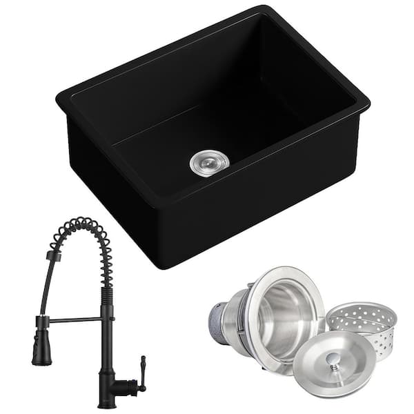 KS 27 in. Undermount Single Bowl Black Fireclay Kitchen Sink with Faucets and Basket Strainer