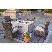 Tilia 5-Pieces Rock and Fiberglass Fire Pit Table Conversation set with 4 Wicker Chairs with Gray Cushions