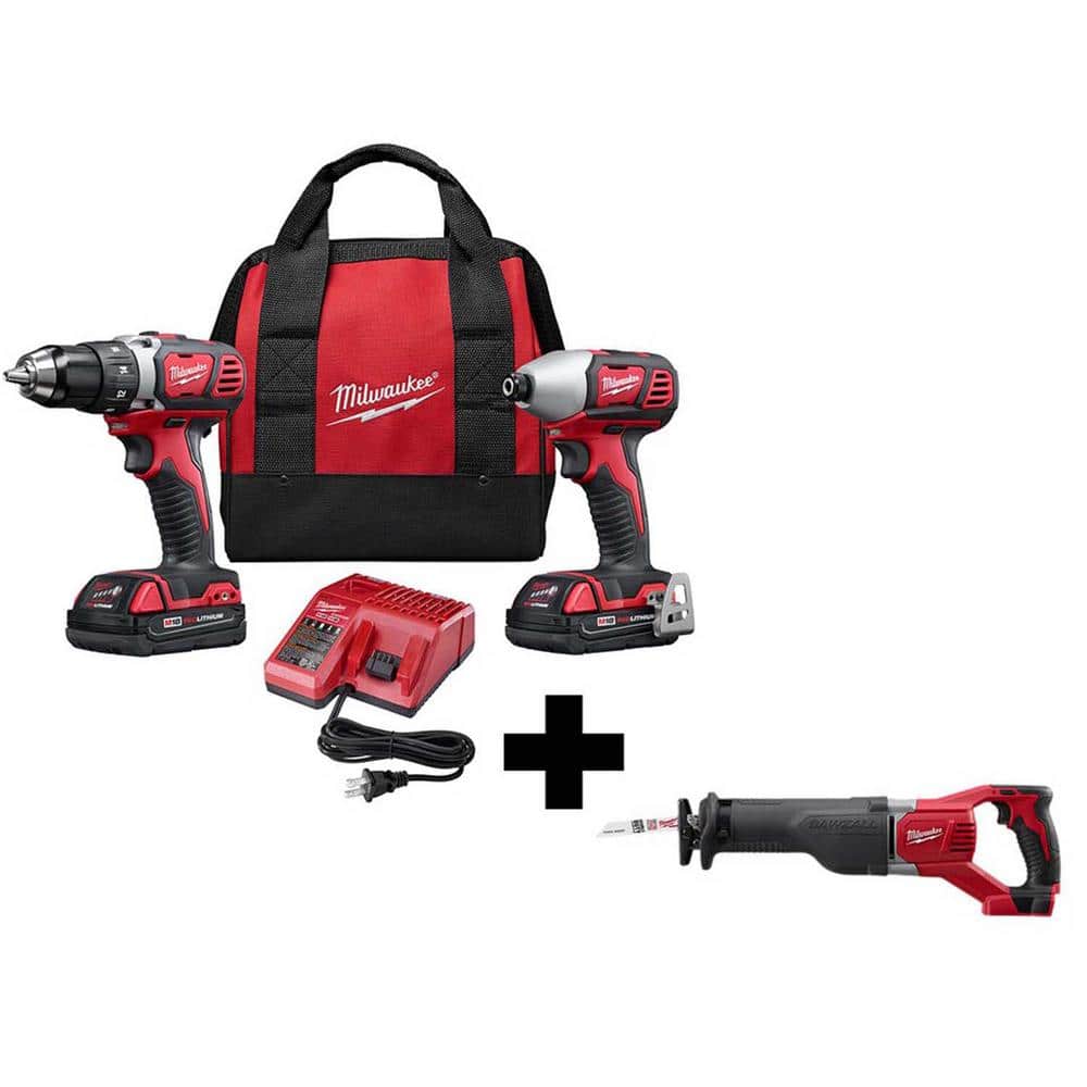 Milwaukee M18 18V Lithium-Ion Cordless Drill Driver/Impact Driver Combo Kit (2-Tool) W/ Reciprocating Saw -  2691-22-2621-2X