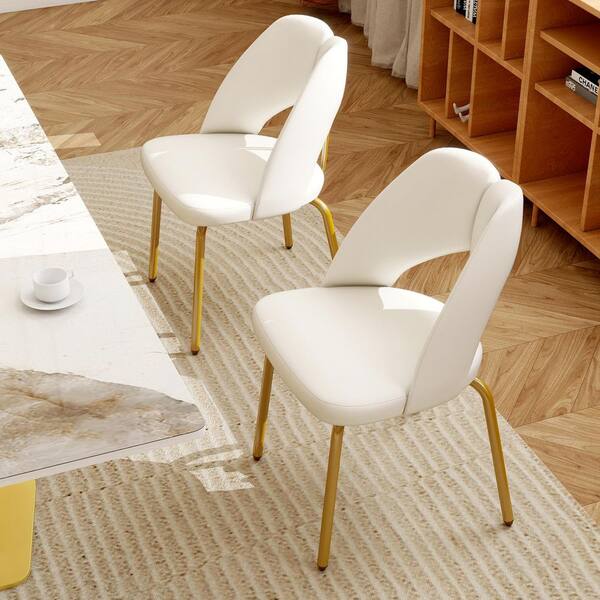 Set of 2 Modern White PU Leather Dining Chairs with Gold Stainless Steel Legs