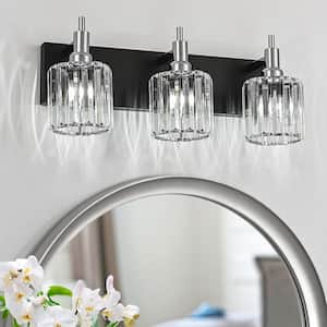 Orillia 19.7 in. 3-Light Modern Black and Chrome Bathroom Vanity Light with Round Crystal Shades