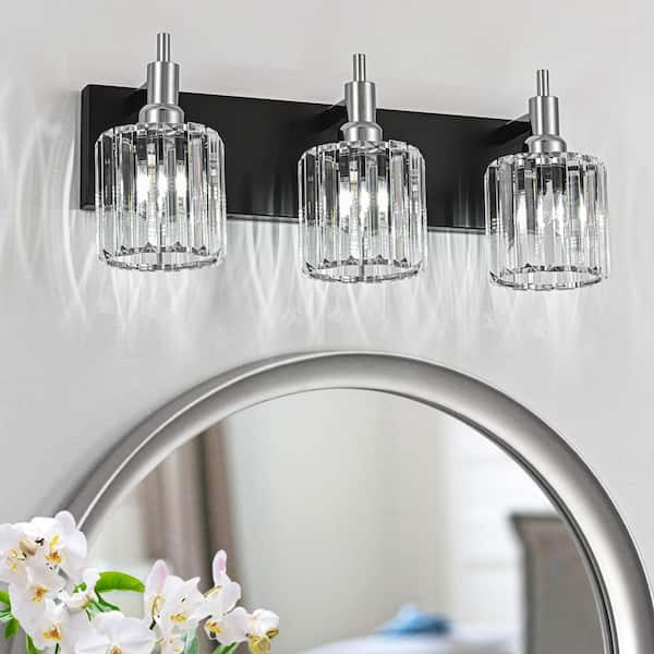 EDISLIVE Orillia 19.7 in. 3-Light Modern Black and Chrome Bathroom Vanity Light with Round Crystal Shades