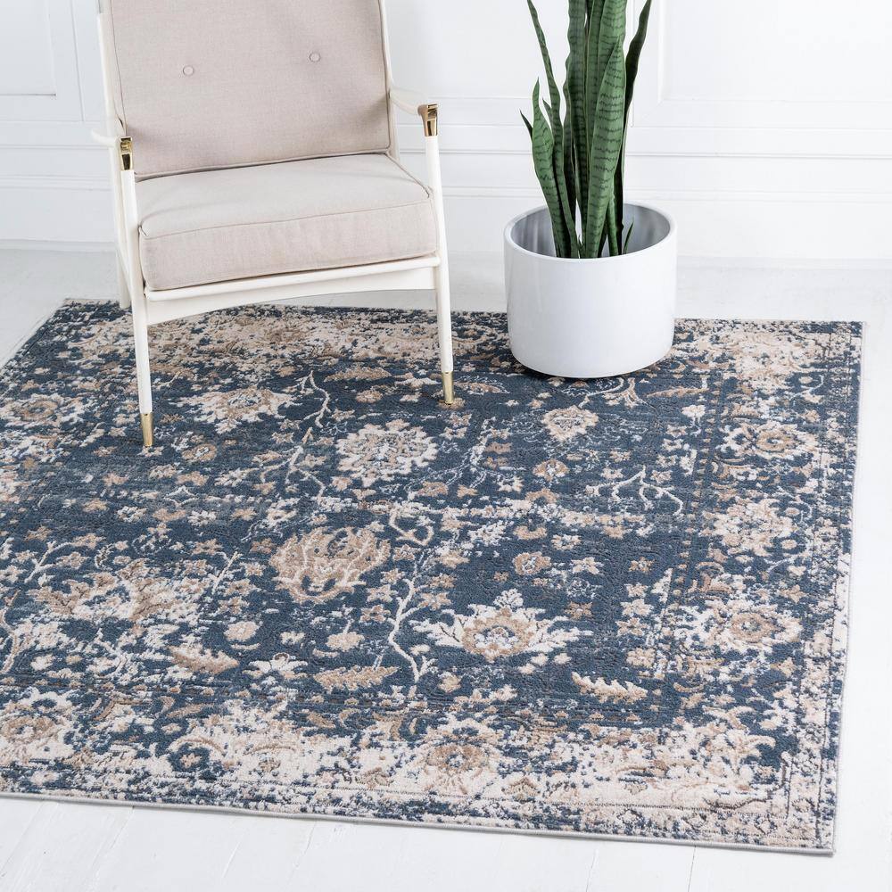 Modern Blue Square Indoor Easy-Care Stain-Resistant Rug