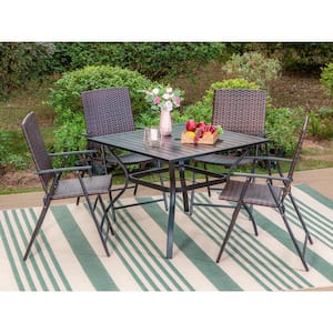 Black 5-Piece Metal Slat Square Table Patio Outdoor Dining Set with Folding Reclining Rattan Chairs